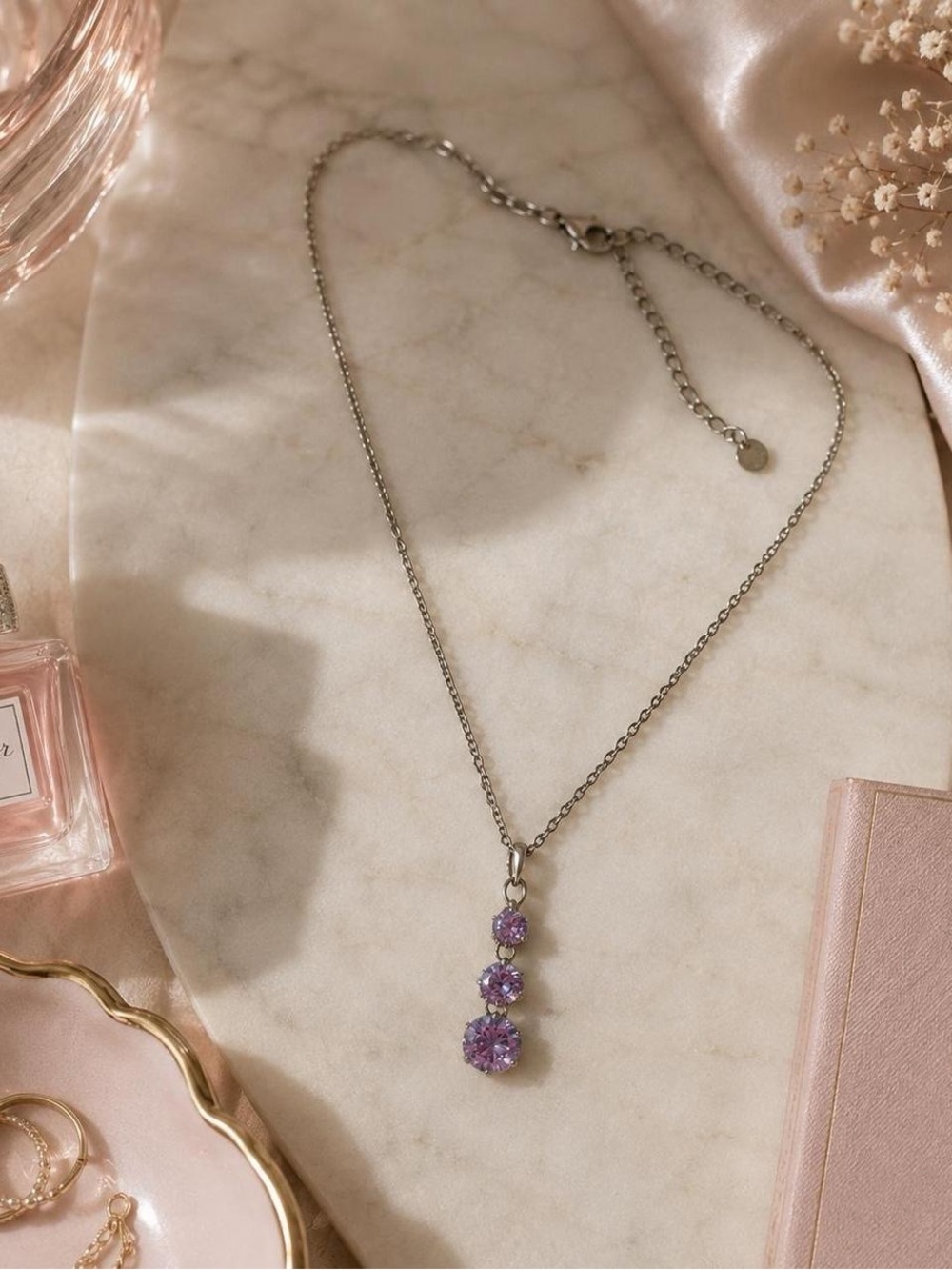 Charming Charlie Purple Crystal Drop Pendant Silver Tone Necklace